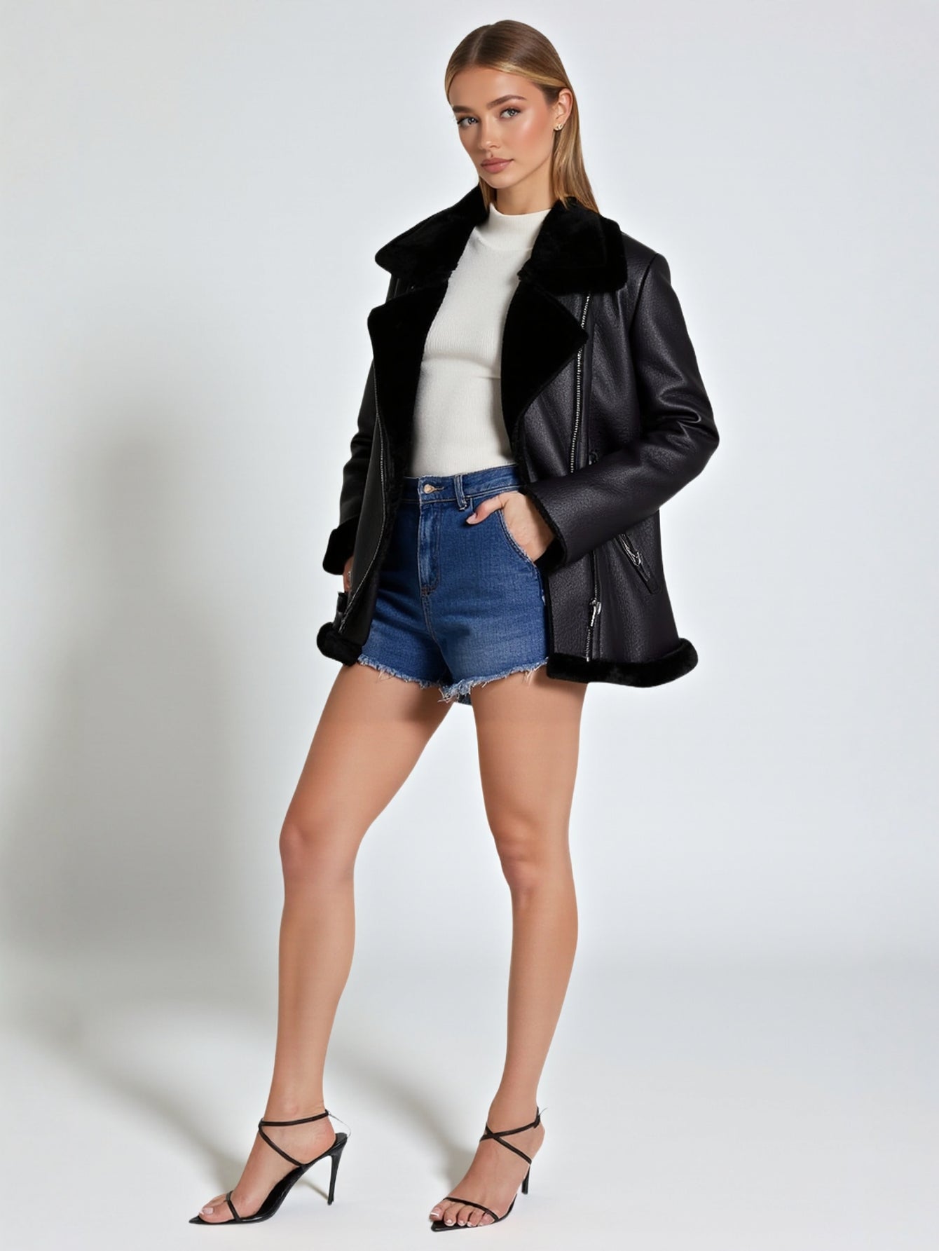 Women's Double-Sided Motorcycle Jacket Coat Fur Thickened European American Style Autumn Winter Fashionable Outerwear