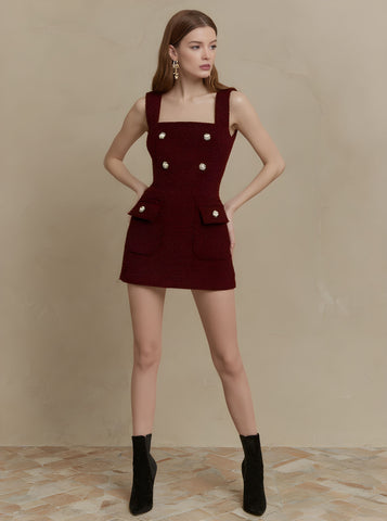 Autumn Dresses 2025 Women's Decent Plain Sleeveless Square Neck Button Pockets Basics A-Line Mini Dresses