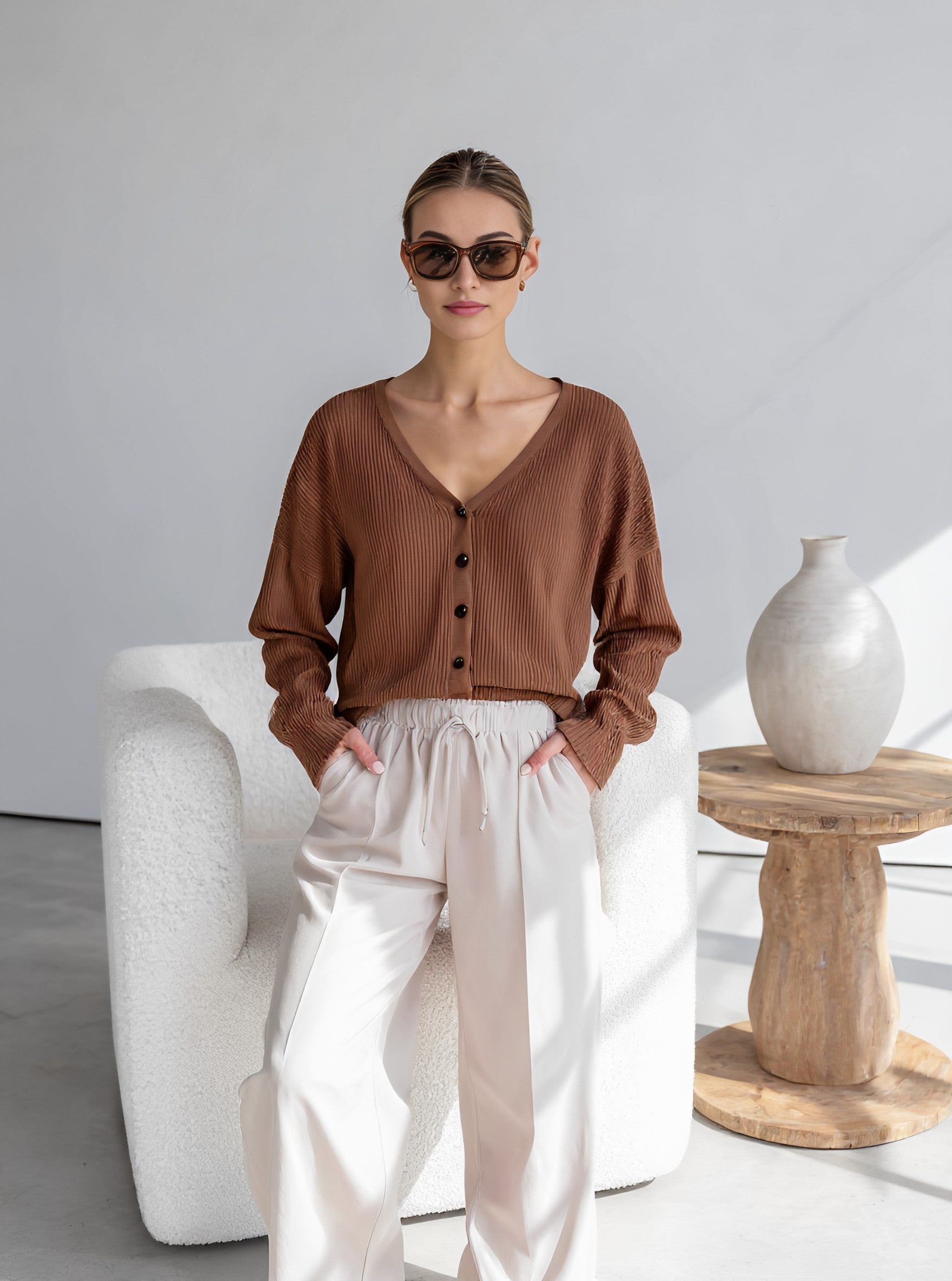 Casual V-Neck Woolen Coat For Autumn Women's Fashion Outerwear Comfortable Soft Material Trendy Style