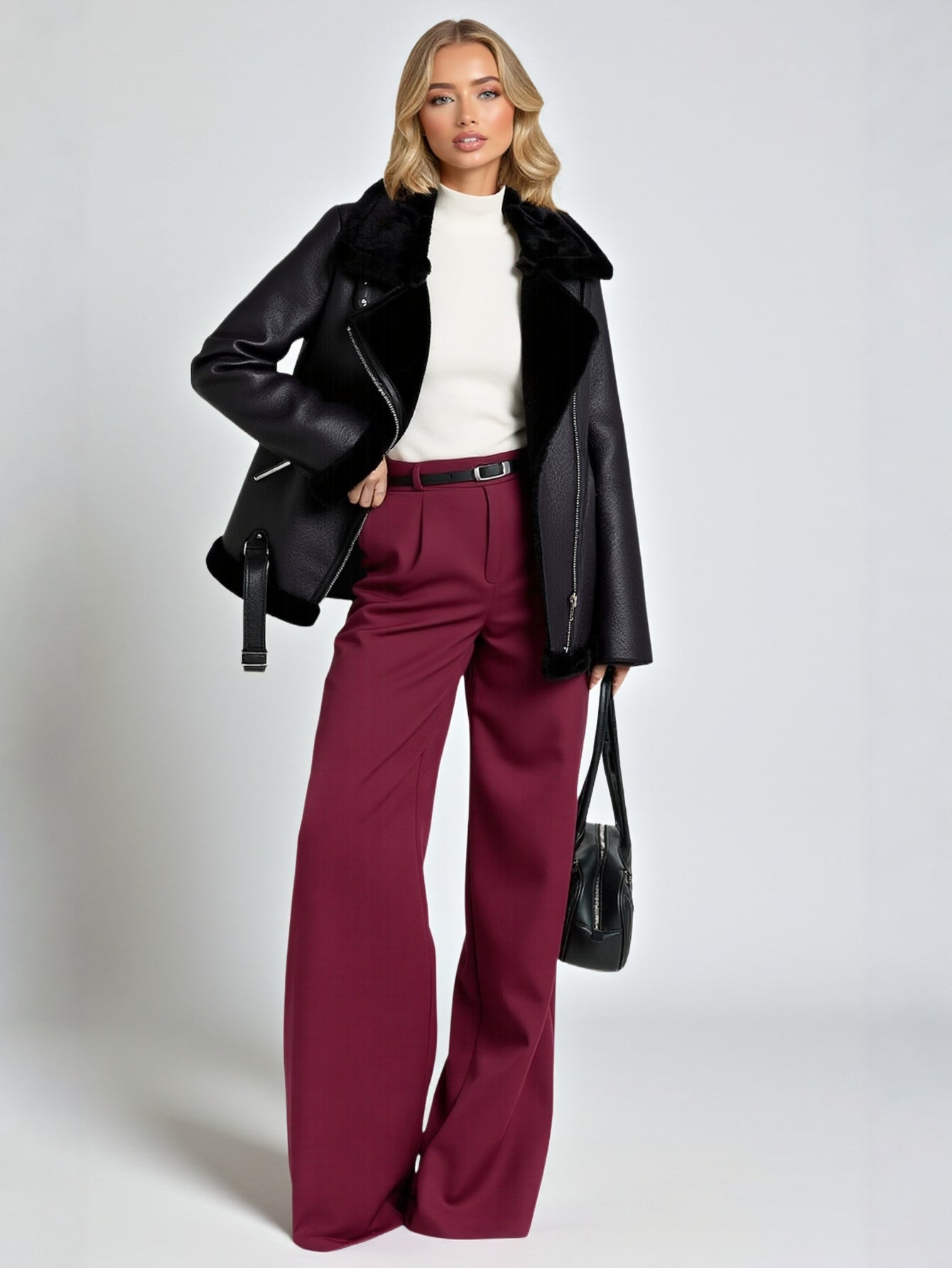 Women's Double-Sided Motorcycle Jacket Coat Fur Thickened European American Style Autumn Winter Fashionable Outerwear