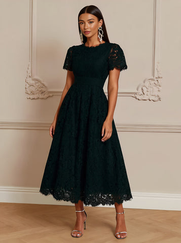 Autumn Casual Fit A-Line Dress Round Neck Mid-Length Skirt Regular Sleeve Style Women's Fashion Clothing