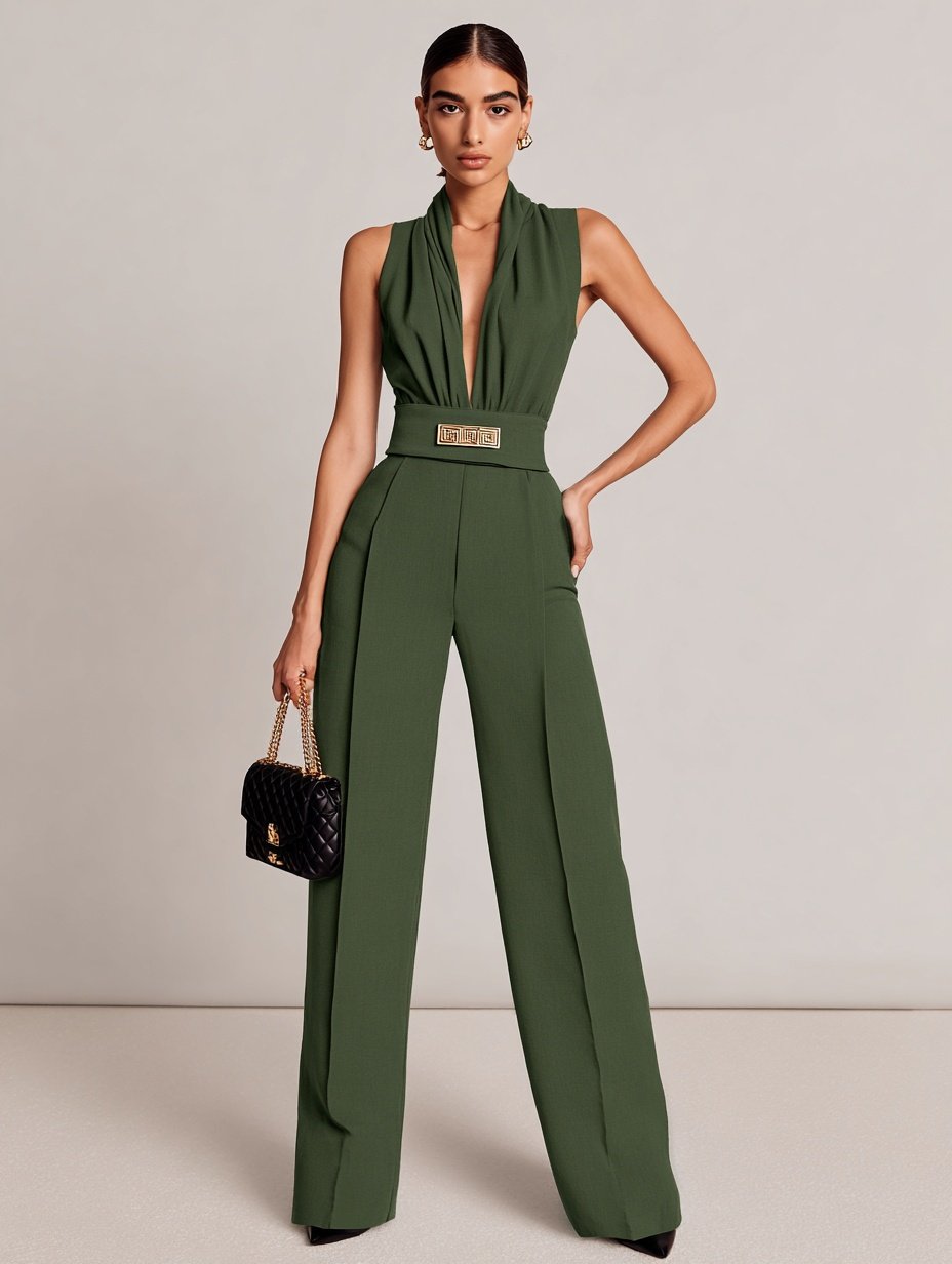 Women's Autumn Jumpsuits Decent Daily Solid Color Folds Sleeveless Plunge Neck Full Length Straight Jumpsuits