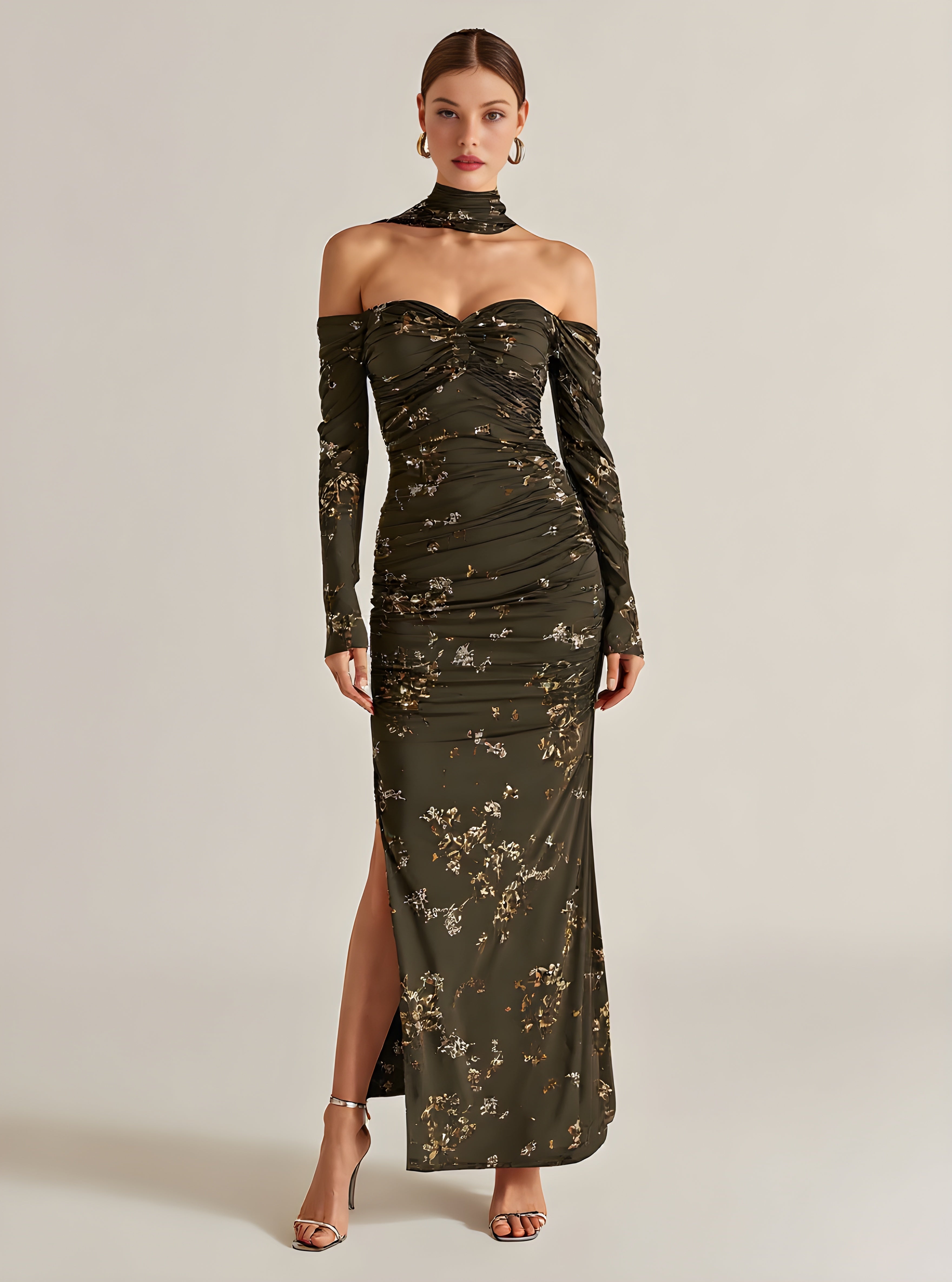 Autumn Dresses 2025 Women's Elegant Ditsy Floral Long Sleeve Halter Neck Side Slit Party Midi Dresses