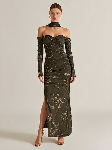 Autumn Dresses 2025 Women's Elegant Ditsy Floral Long Sleeve Halter Neck Side Slit Party Midi Dresses