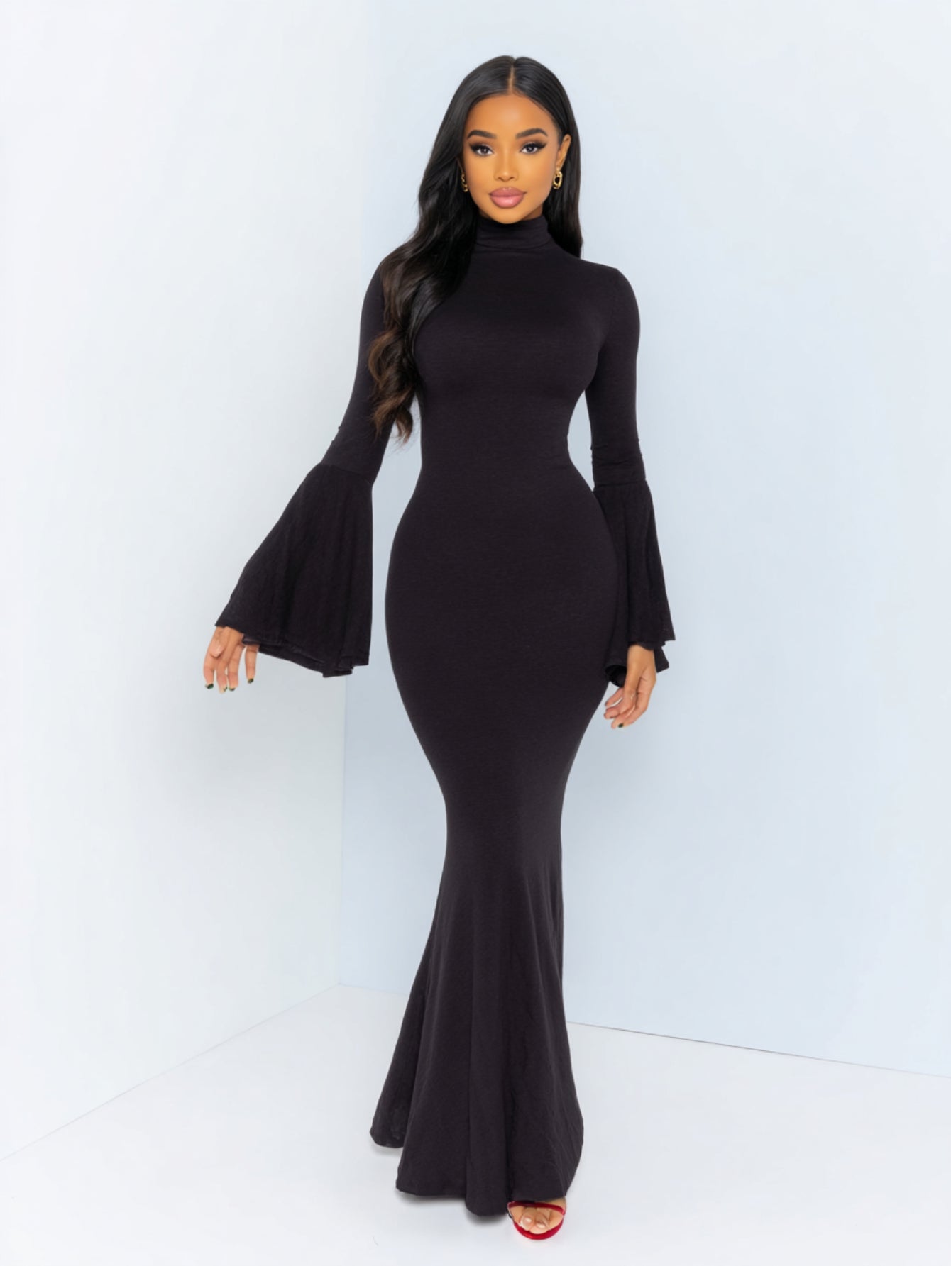 2025 Autumn Women's Dresses Elegant Plain Flare Sleeve Crew Neck Skinny Fit Simple Maxi Mermaid Evening Dress