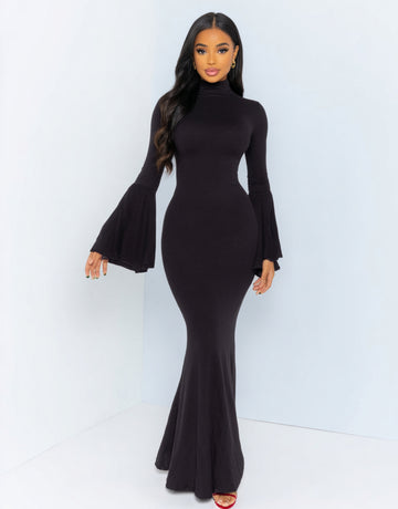 2025 Autumn Women's Dresses Elegant Plain Flare Sleeve Crew Neck Skinny Fit Simple Maxi Mermaid Evening Dress