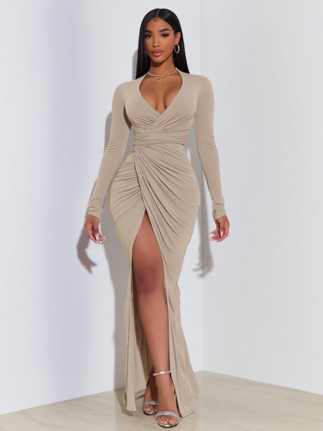 2025 Autumn Women's Dresses Sexy Slit Plain Long Sleeve V-Neck Elegant Sheath Ruched Maxi Evening Dresses