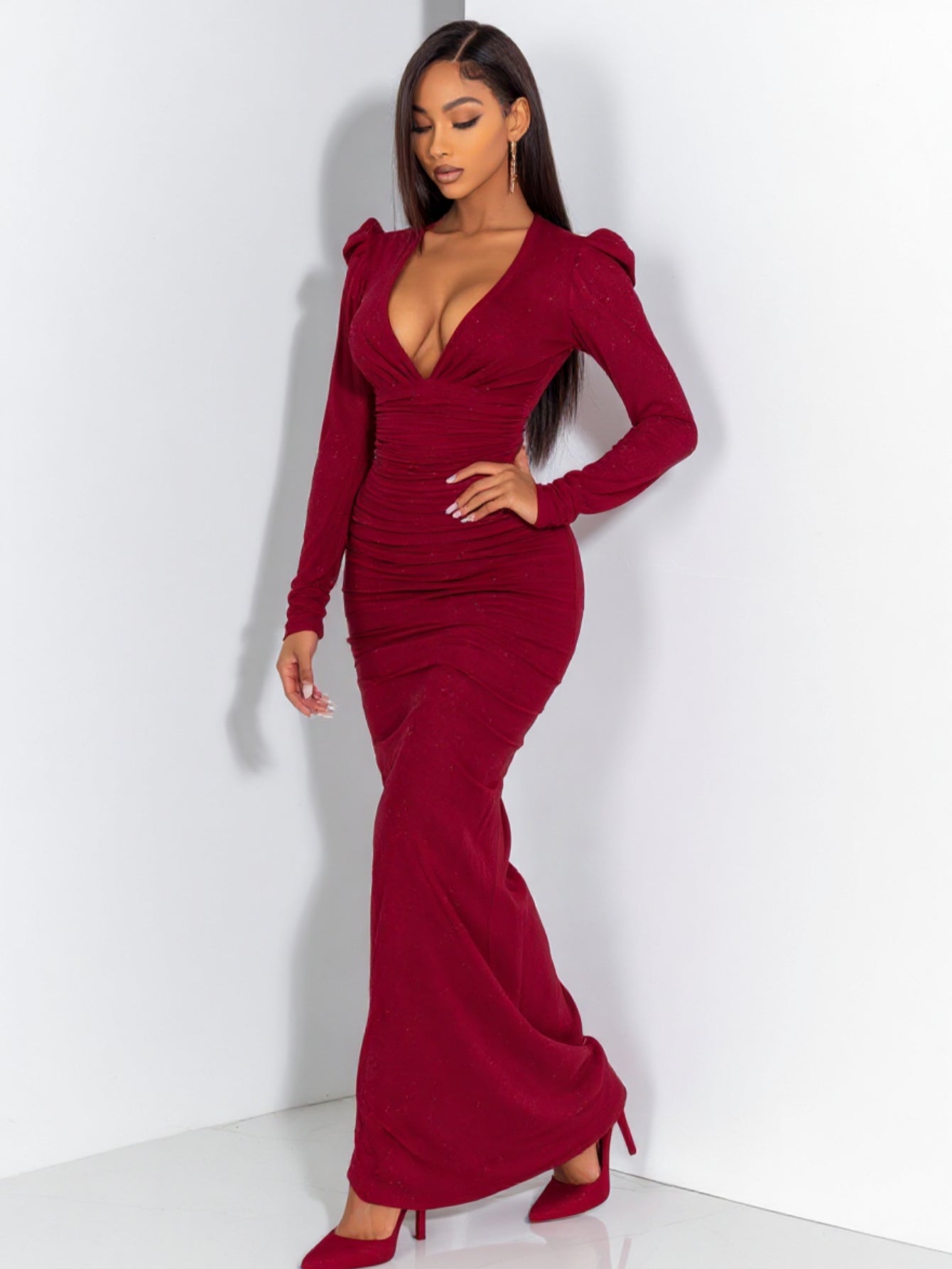 Women's Dress Autumn Elegant 2025 Plain Plunge V-Neck Long Sleeve Ruched Bodycon Full Length Evening Formal Dress