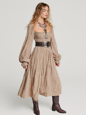 Casual Square Neck Midi Dress Autumn Fit A-Line Skirt Lantern Sleeve Length Body Shape Women's Fashion Dress