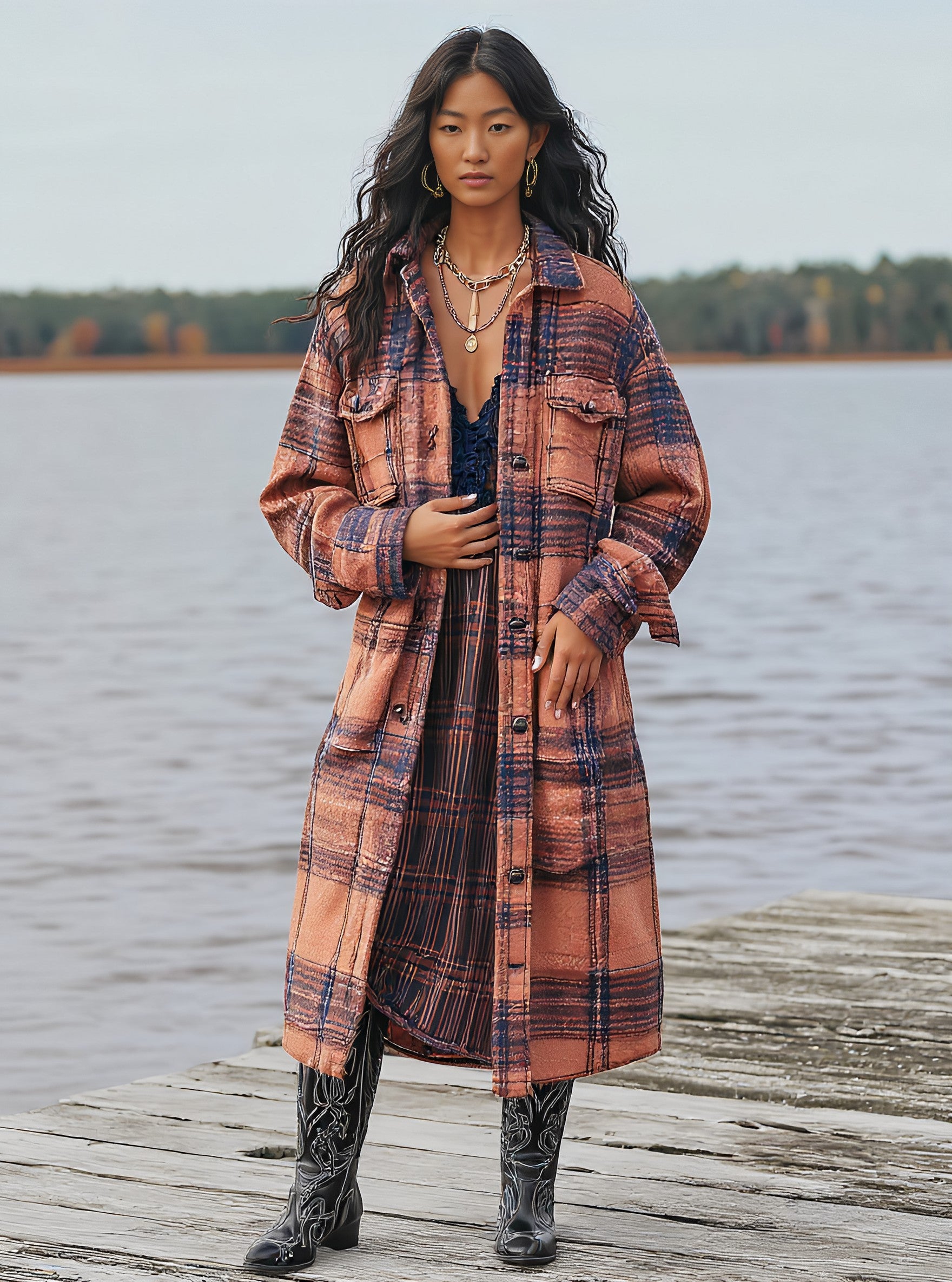 Casual Style Regular Length Coat Spring Dress Autumn Fashion Women's Top Outerwear Long Sleeve Plaid