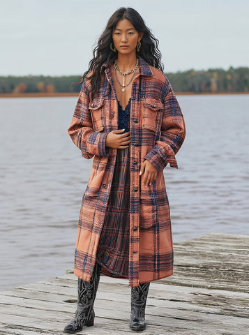 Casual Style Regular Length Coat Spring Dress Autumn Fashion Women's Top Outerwear Long Sleeve Plaid