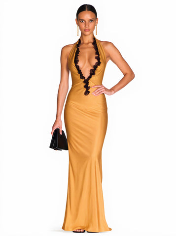 Casual Mid-Length Dress Autumn Winter Clothes Plunge Neck Lettuce Trim A-Line Skirt Straight Sleeve Women's Fashion Dress