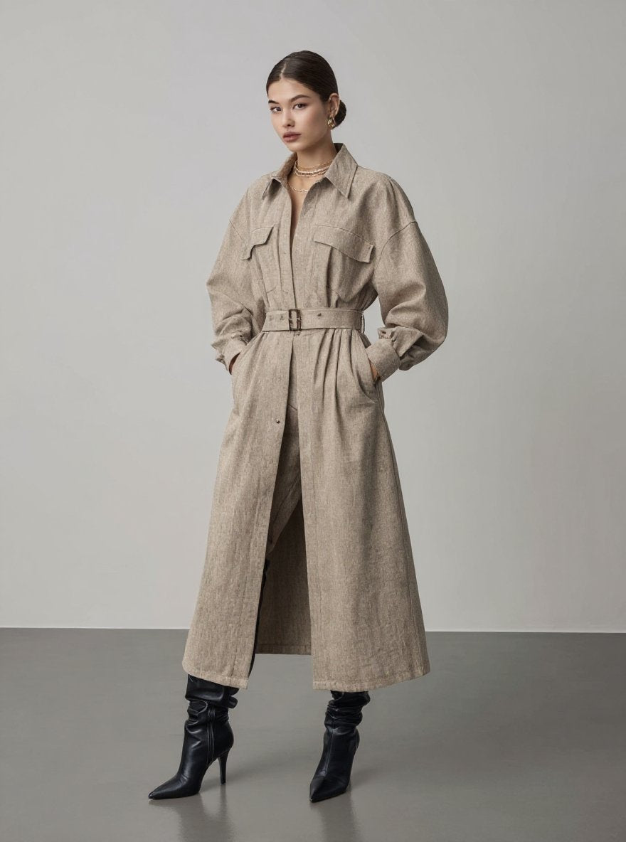 Women's Trench Coat Autumn Elegant 2025 Plain Belted Shirt Collar Long Sleeve Long Business Trench Coat