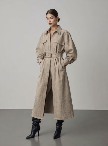 Women's Trench Coat Autumn Elegant 2025 Plain Belted Shirt Collar Long Sleeve Long Business Trench Coat