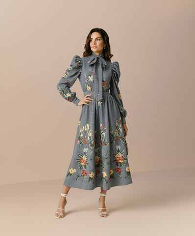 Autumn Winter Casual Dress Mid-Length A-Line Skirt Style With Bow Tie Neck And Lamb Leg Sleeve Body-Fitting Fashion