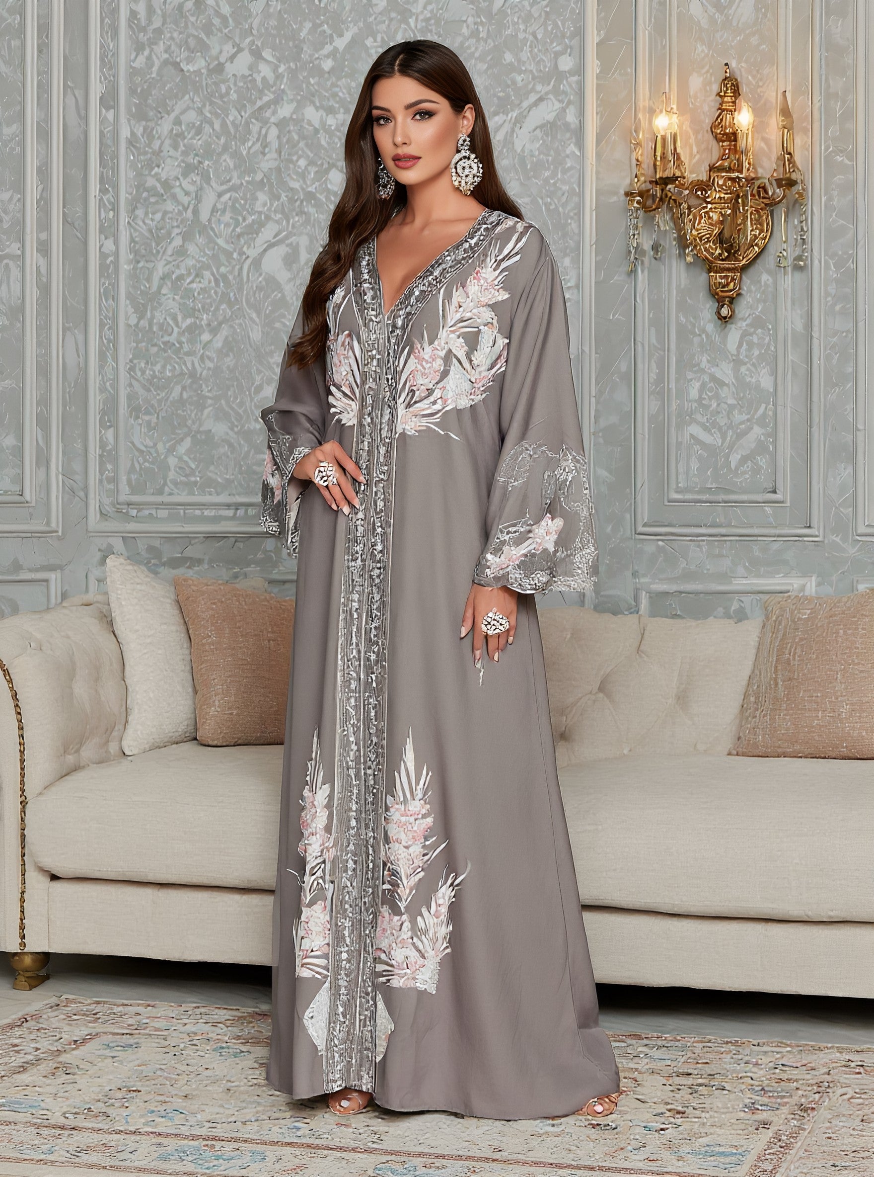 Autumn Jalabiyas Loose Casual Long Dress V-neck Sleeveless A-line Skirt Style Women's Arab Robe Fashion Muslim Clothing