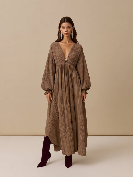 Autumn Dresses 2025 Women's Casual Plain Long Lantern Sleeve V-Neck Nipped Waists A-Line Basics Midi Dresses