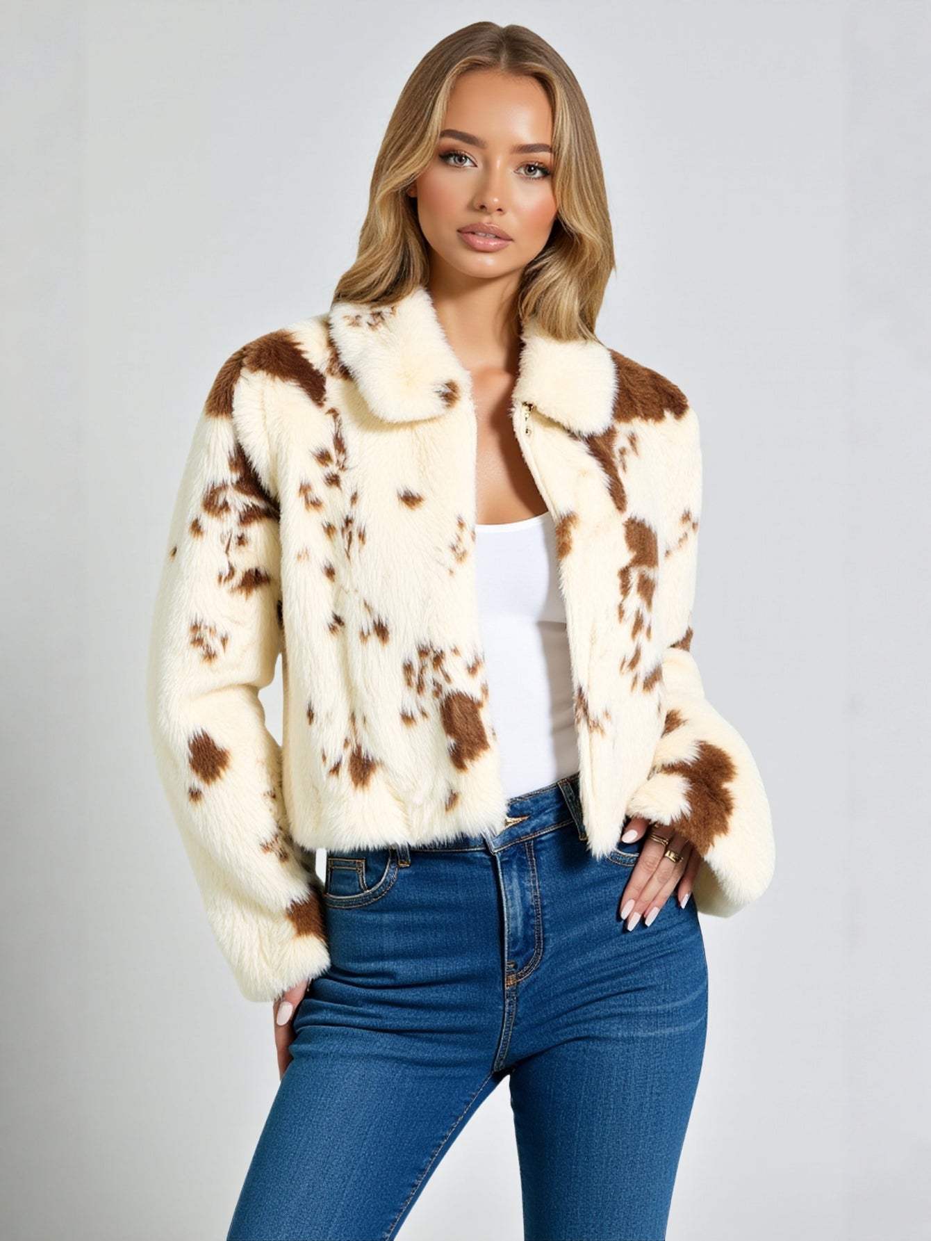 Fashion Unbuttoned Women's Faux Fur Comfortable Jacket Autumn Animal Print Design Wild Style 