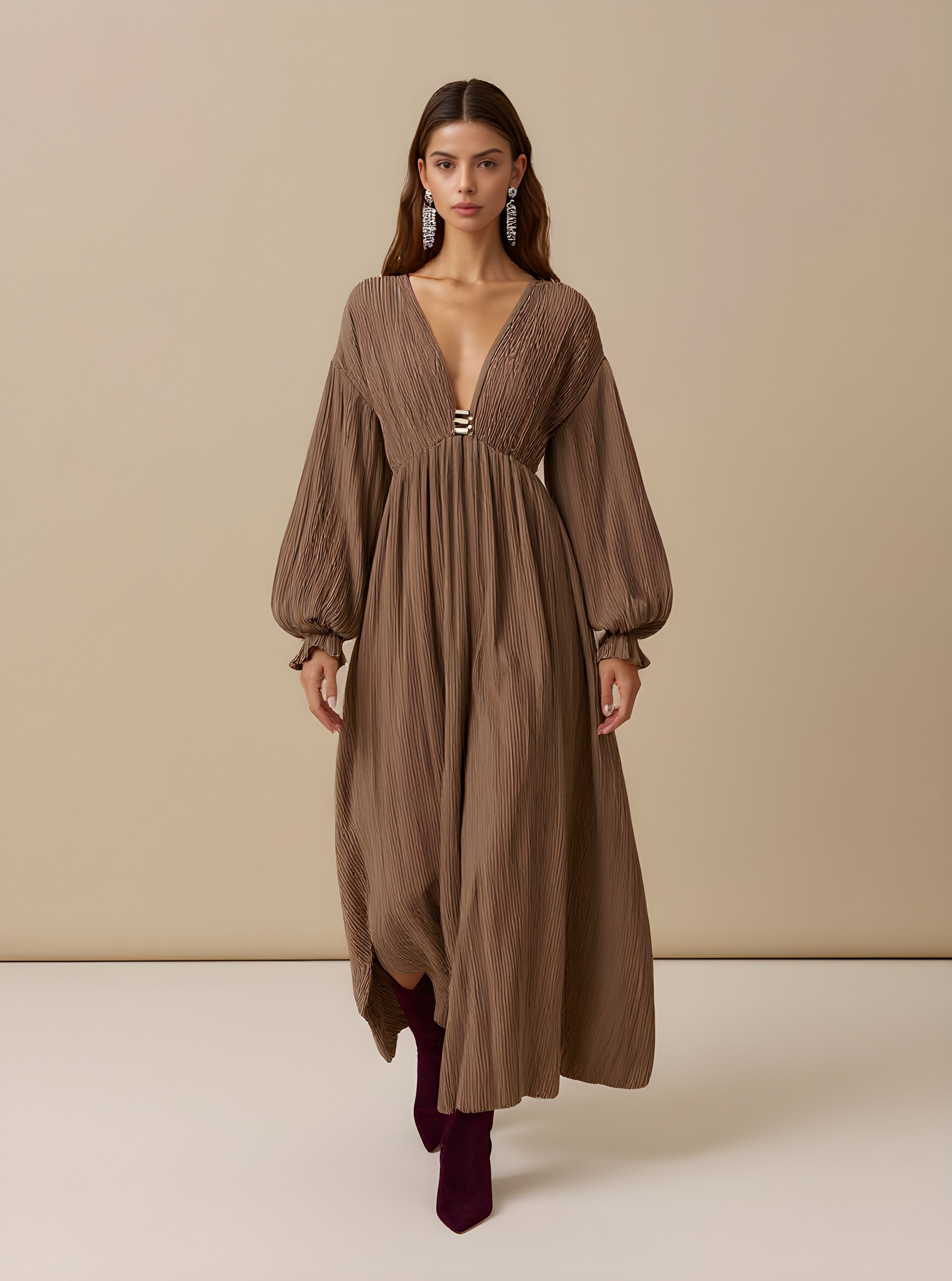 Autumn Dresses 2025 Women's Casual Plain Long Lantern Sleeve V-Neck Nipped Waists A-Line Basics Midi Dresses