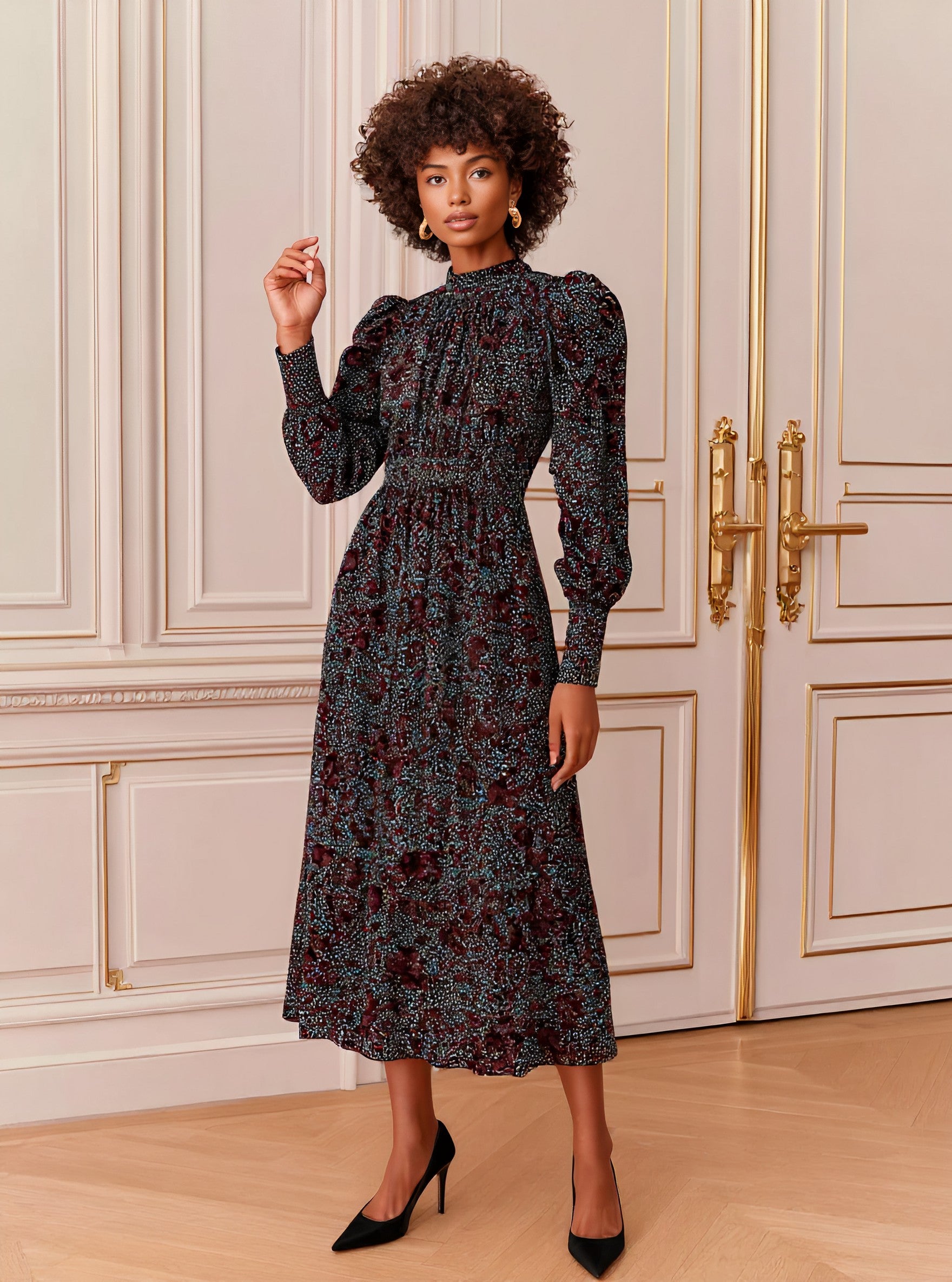 Casual Mid-Length A-Line Dress Lamb Sleeve Half High Collar Well-Fitted Autumn Fashion Women's Clothing Dress