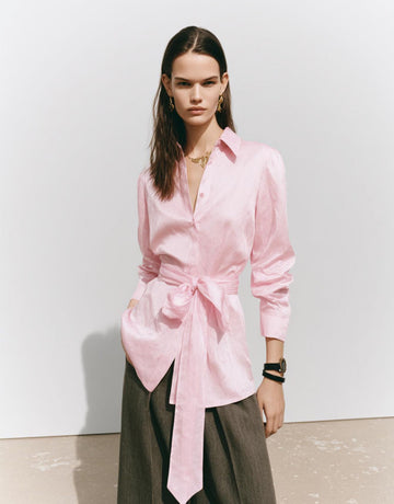 Women's Autumn Winter 2025 Shirts Daily Fashion Plain Long Sleeve Lapel Knot Regular Fit Casual Shirts