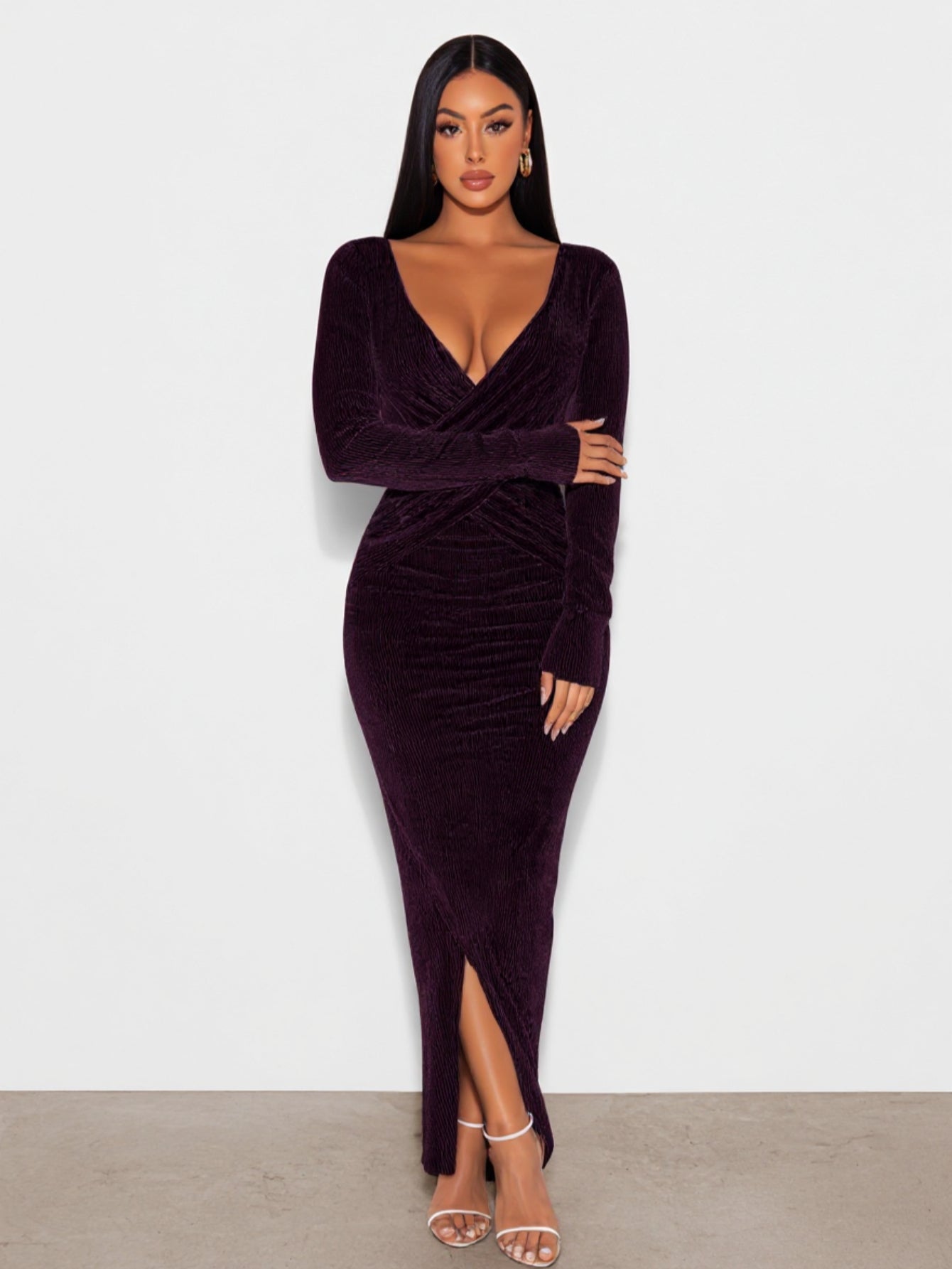 2025 Autumn Women's Dresses Sexy Plain Long Sleeve Plunge Neck Ruched Side Slit Elegant Maxi Evening Dresses