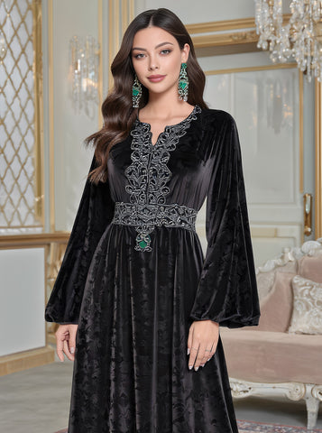 Autumn Long Dress Casual Style Split Neck A-Line Skirt Flounce Sleeve Body-Fitting Muslim Fashion Women's Dress