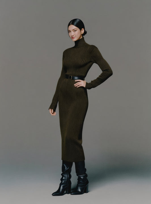 Winter Tight Fit Dress Casual High Collar Long Skirt Straight Sleeve Women's Clothing Fashion Style