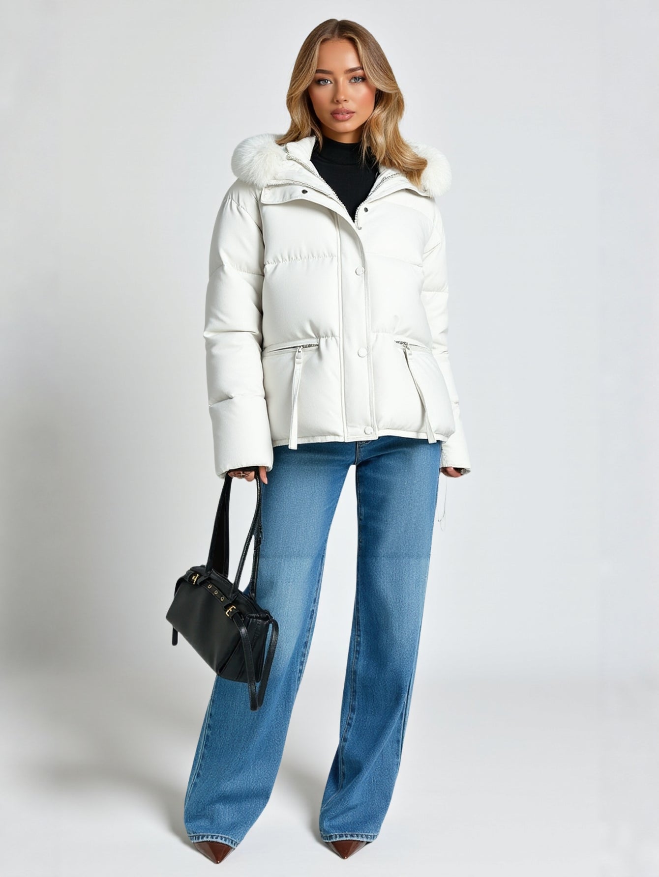 Women's  Cotton-Padded Jacket Large Fur Collar Contrast Color Loose Fit Short Style  Long Sleeve Hooded Casual