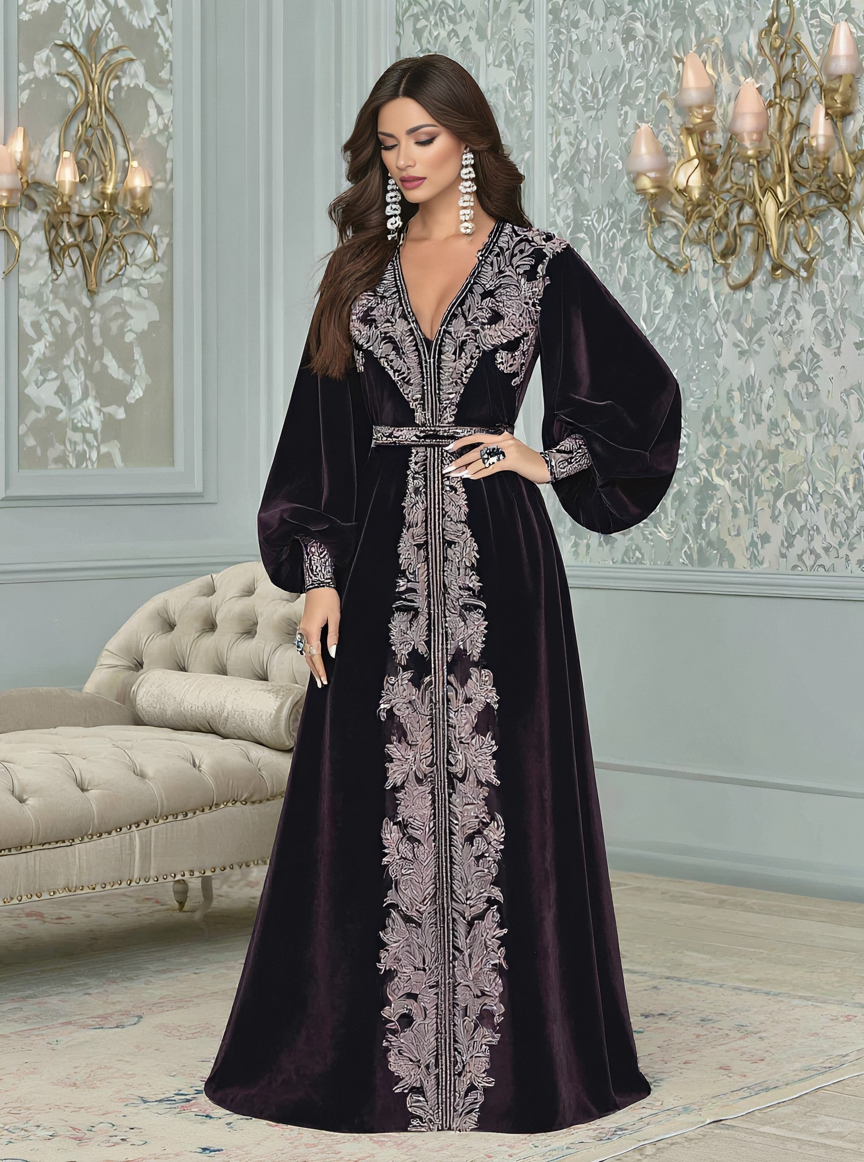 Autumn Jalabiyas Long A-Line Gown With V-Neck And Lantern Sleeves Casual Fit Muslim Women's Fashion Arabic Robe