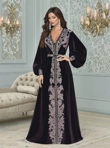 Autumn Jalabiyas Long A-Line Gown With V-Neck And Lantern Sleeves Casual Fit Muslim Women's Fashion Arabic Robe