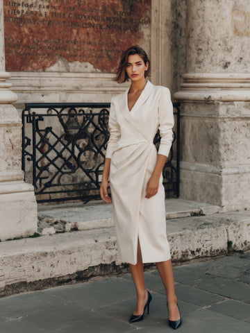 Women's Dress Autumn Elegant 2025 Plain Lapel V-Neck Long Sleeve Wrap Tie Waist Slim Fit Midi Business Dress