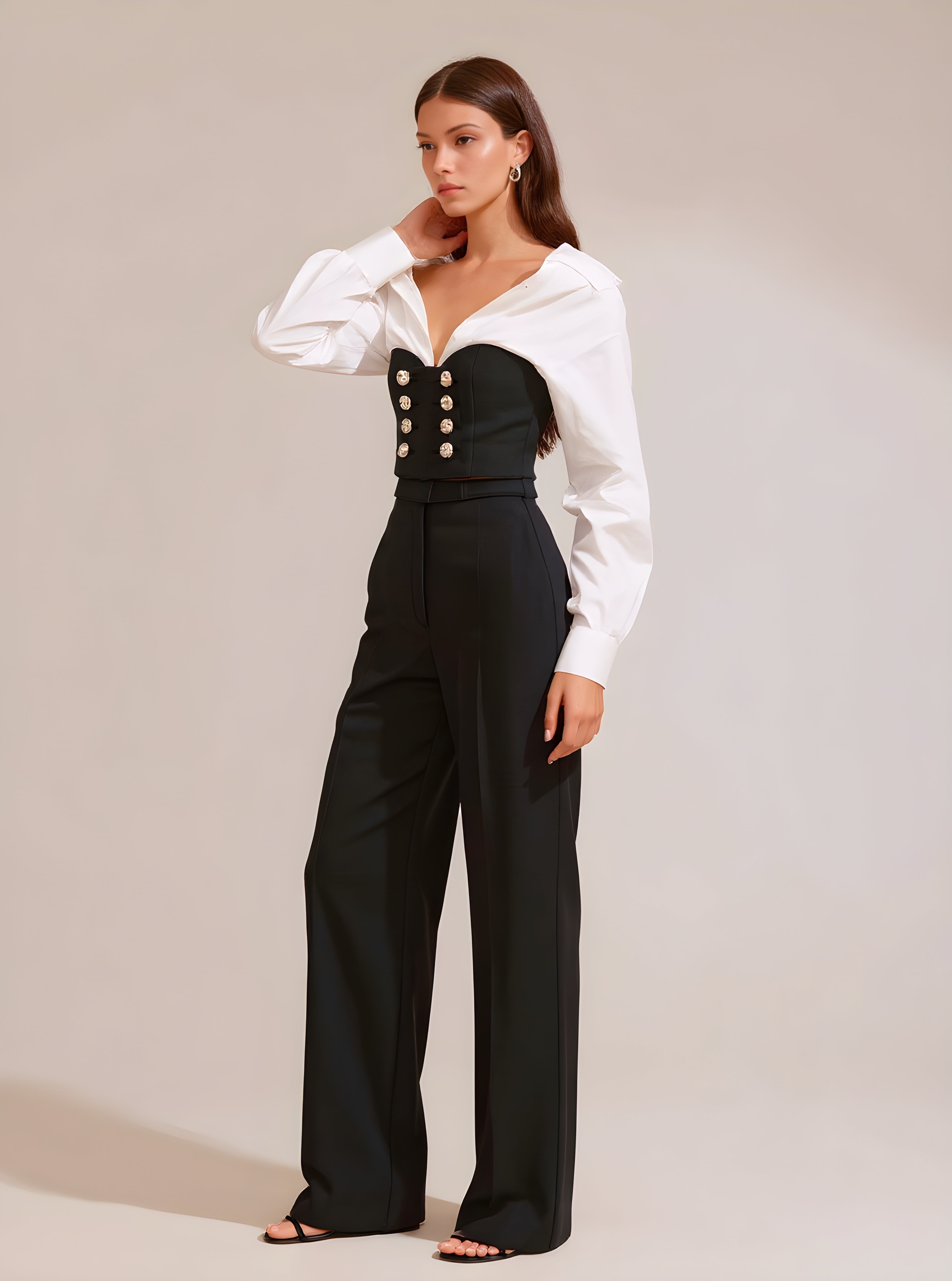 Autumn Tanks 2025 Women's Decent Patchwork Long Sleeve V-Neck Double Breasted Office Lady Tanks