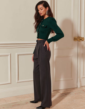 Casual Long Sleeve Cardigan Round Neck Bubble Sleeve Tight Fit Autumn Top Women's Fashion Open Front Knitwear Regular Length