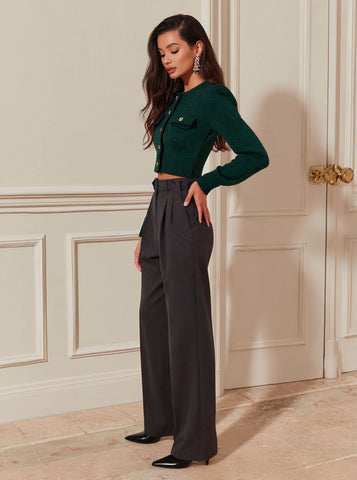 Casual Long Sleeve Cardigan Round Neck Bubble Sleeve Tight Fit Autumn Top Women's Fashion Open Front Knitwear Regular Length