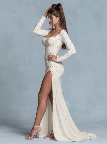 Autumn Tight Fit Floor Length Party Dress With Straight Sleeve Square Collar A-Line Skirt Style For Women