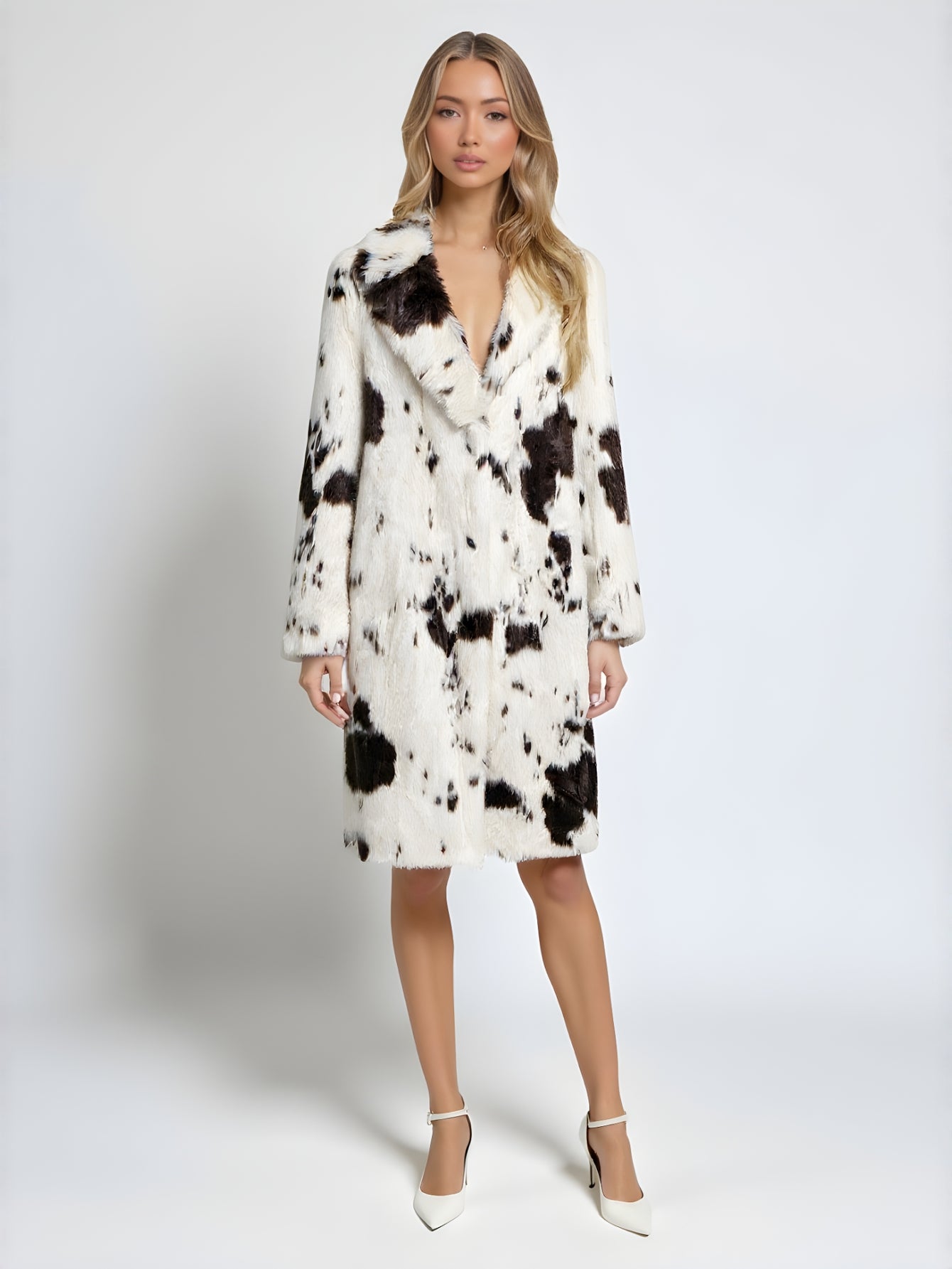 Women's Winter Long Faux Fur Coat Animal Print Lapel New Outerwear for Ladies