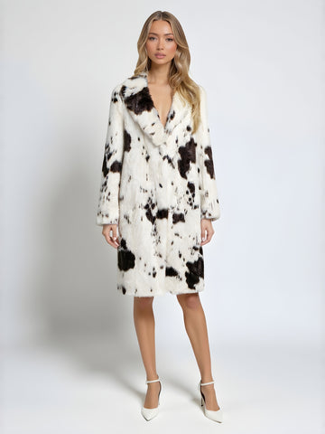 Women's Winter Long Faux Fur Coat Animal Print Lapel New Outerwear for Ladies