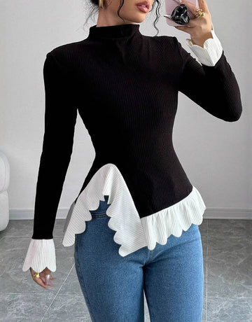 Women's Autumn Winter T-Shirts Decent Elegant Contrast Color Long Sleeve Mock Neck Daily Tees