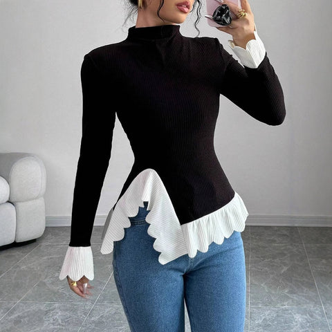 Women's Autumn Winter T-Shirts Decent Elegant Contrast Color Long Sleeve Mock Neck Daily Tees