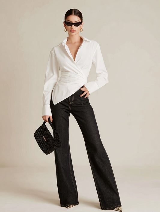 Autumn Shirts 2025 Women's Chic Plain Long Sleeve Shirt Collar Asymmetrical Nipped Waists Basics Shirts