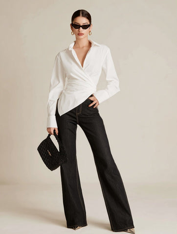 Autumn Shirts 2025 Women's Chic Plain Long Sleeve Shirt Collar Asymmetrical Nipped Waists Basics Shirts