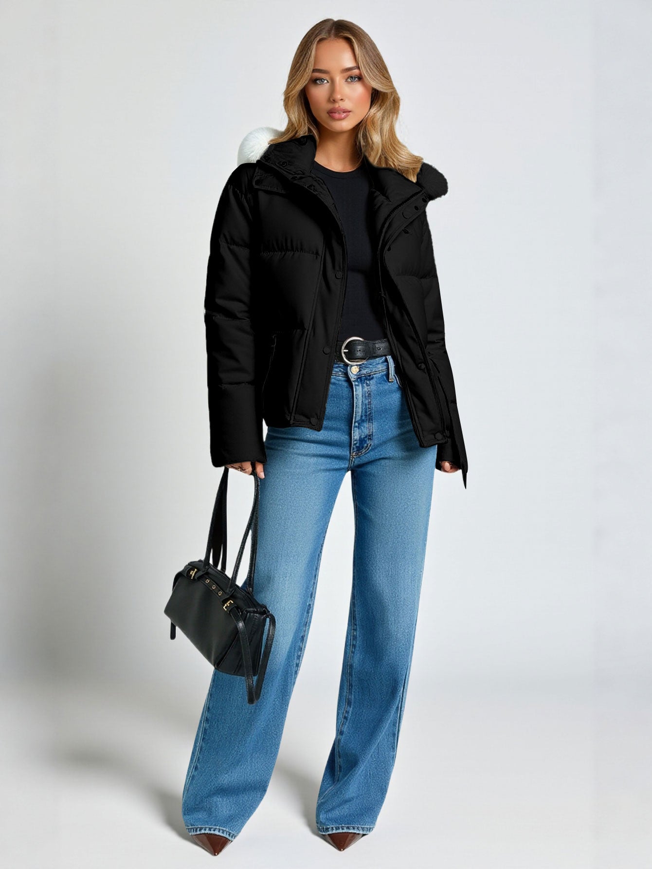 Women's  Cotton-Padded Jacket Large Fur Collar Contrast Color Loose Fit Short Style  Long Sleeve Hooded Casual