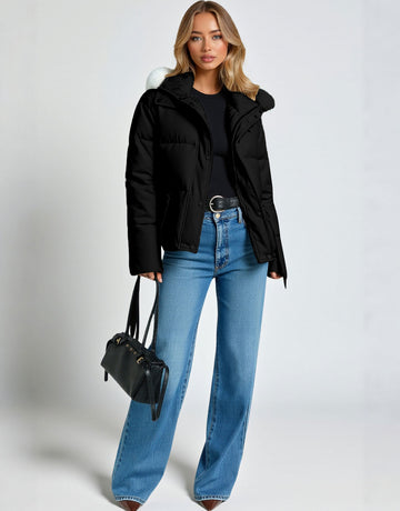 Women's  Cotton-Padded Jacket Large Fur Collar Contrast Color Loose Fit Short Style  Long Sleeve Hooded Casual