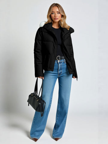 Women's  Cotton-Padded Jacket Large Fur Collar Contrast Color Loose Fit Short Style  Long Sleeve Hooded Casual