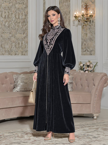 Autumn Casual Jalabiyas Long Gown With Stand Collar And Lantern Sleeves Body-Fitting A-Line Skirt For Women Muslim Fashion