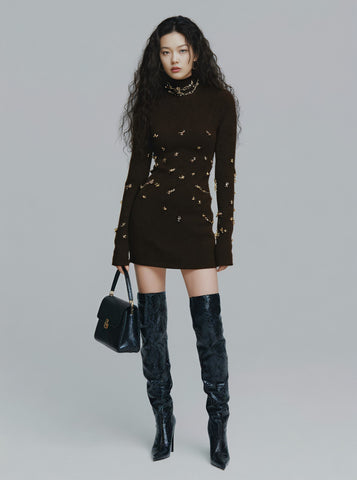 Winter Casual Tight Style High Collar Straight Sleeve Dress Mid Length Tight Fit Women's Clothing Fashionable Casual Dress