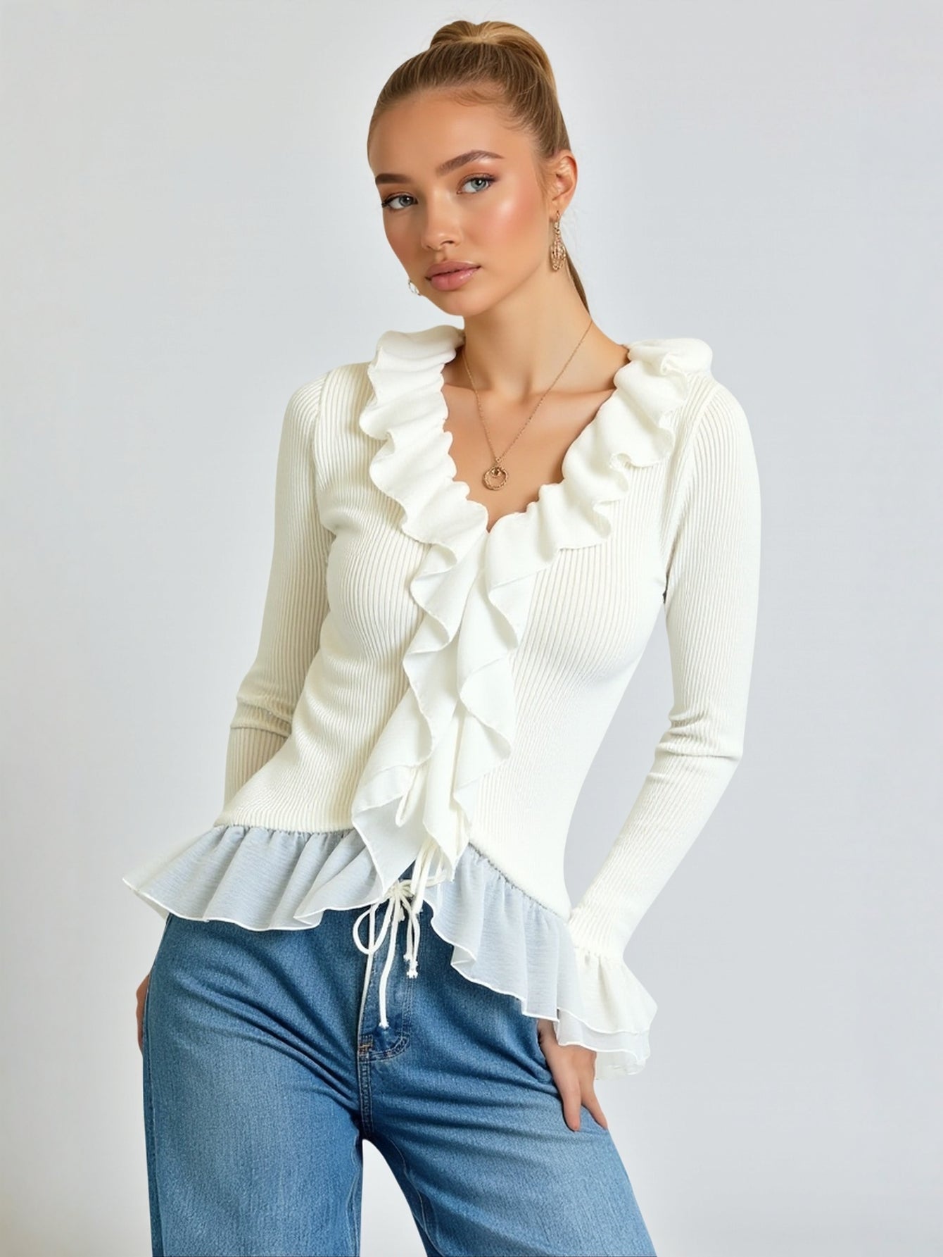 Women's Sweet And Spicy V Neck Lace Knitted Cardigan Long-Sleeved Ruffled Top Autumn Design for Casual Wear