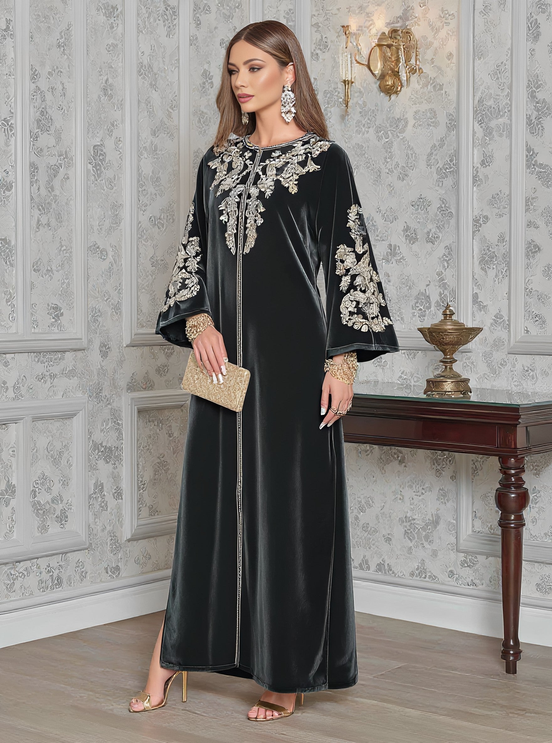 Autumn Jalabiyas Loose Fit Round Neck Sleeve Long Casual Arab Robe Women's Fashion Muslim Clothing A-Line Skirt Style