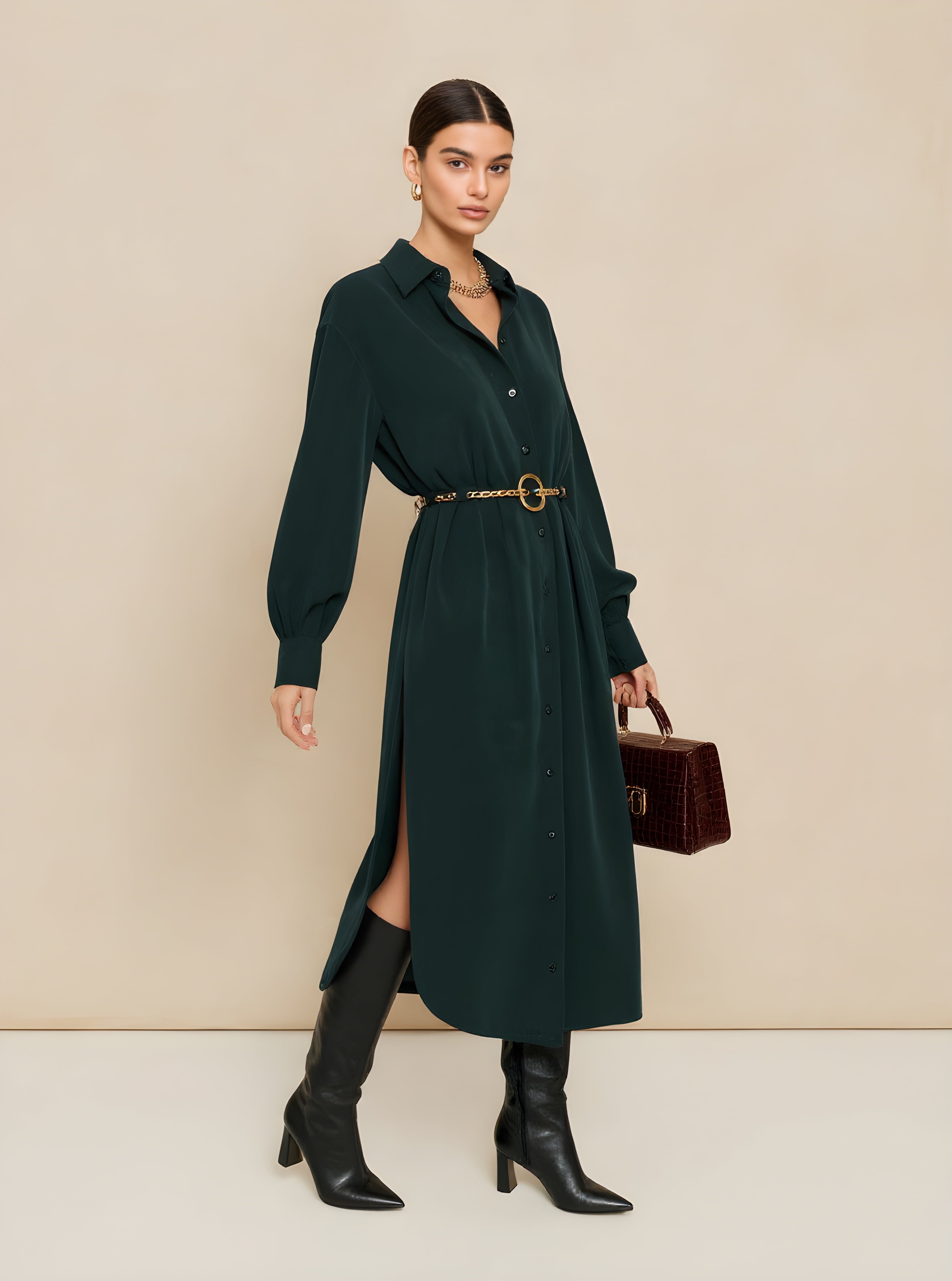Autumn Dresses 2025 Women's Decent Plain Long Cuffed Sleeve Shirt Collar Side Slit Basics Midi Dresses
